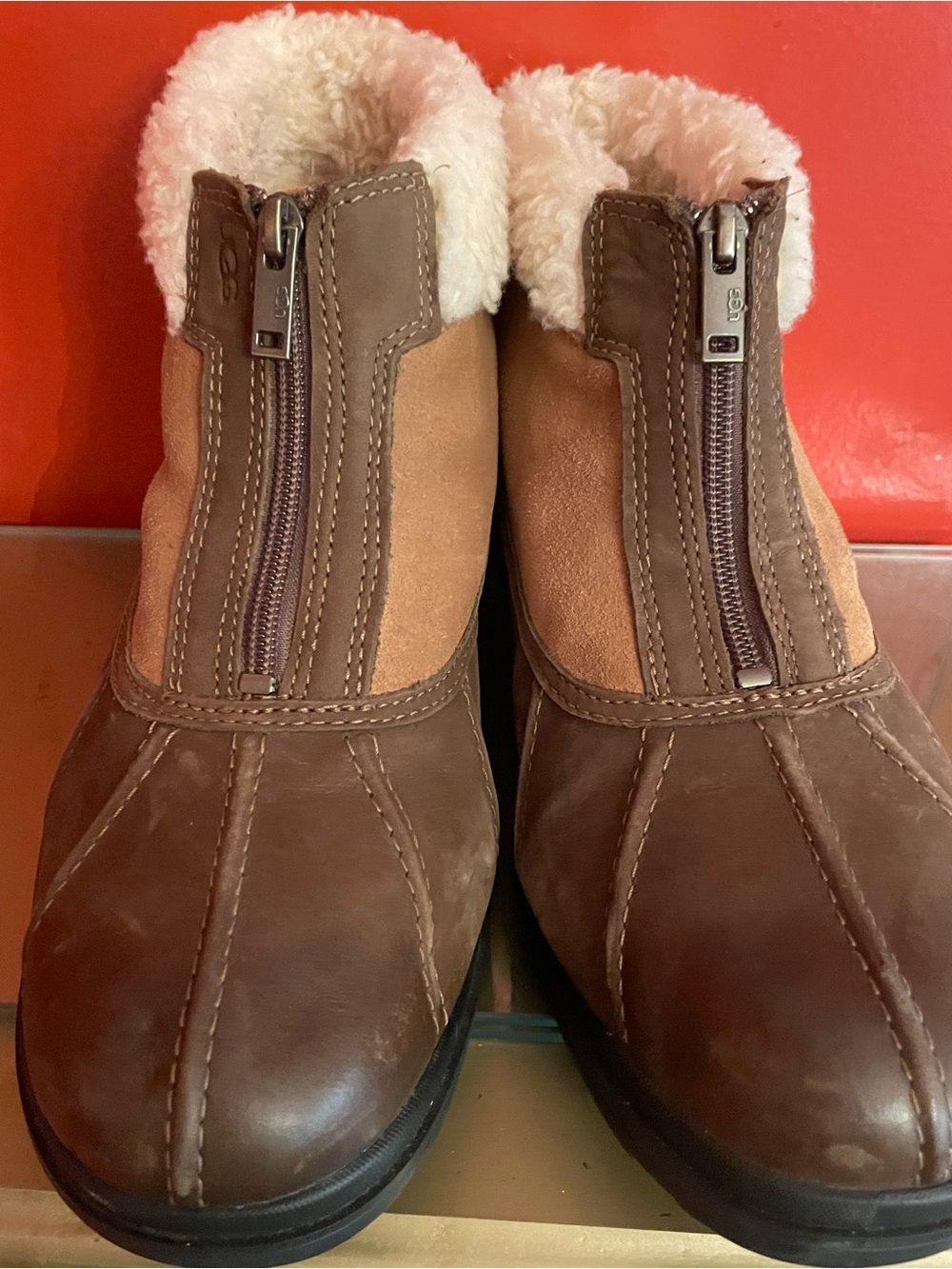 UGG Brown Suede & Leather Shearling Zip Front Winter Boots Size 12